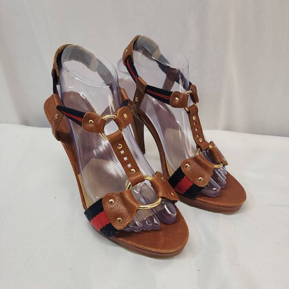 Michael Kors Size 9 Seaport T-Strap Luggage Leather High 4.5" Heels